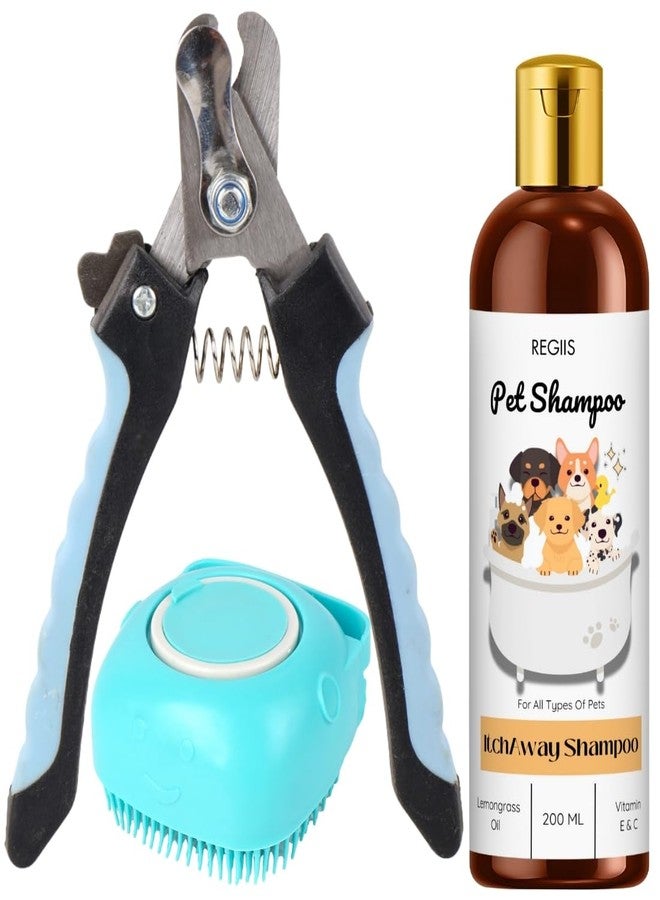 REGIIS Pet Grooming Set with Itch Away Shampoo, Professional Dog Nail Clippers and Silicone Brush, Lemongrass Oil Formula, 200ml(Pack of 3) - Image 1